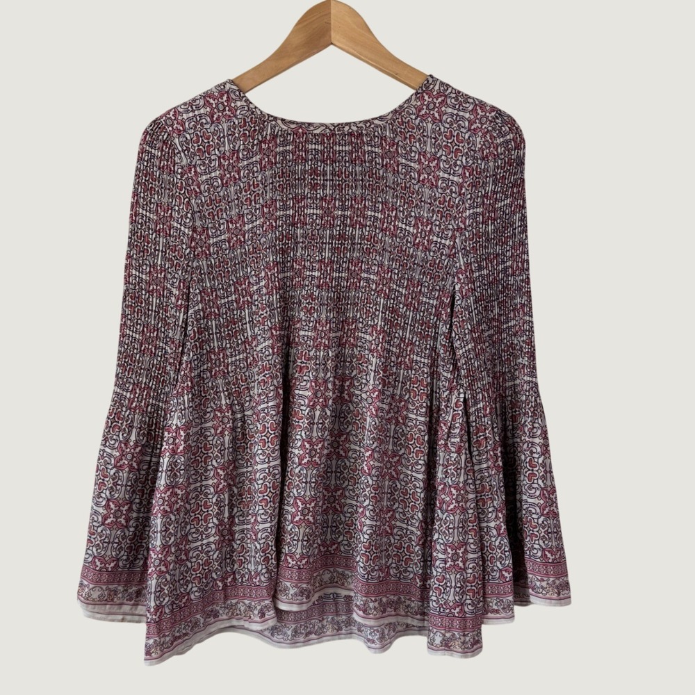 Max Studio Pleated Bell Sleeve Blouse Small Pink Paisley Boho Peasant Top